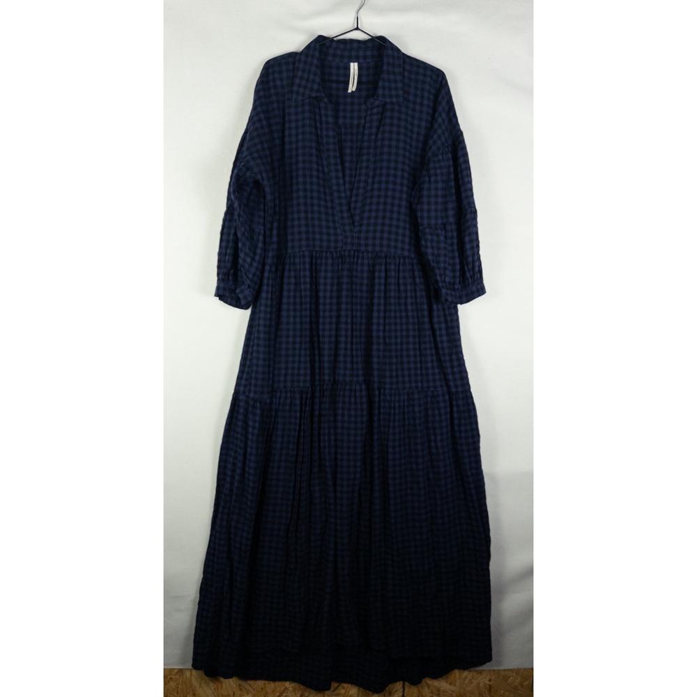 By Anthropologie Tiered Maxi Dress L Navy Gingham Popover Collared 3/4 Sleeve